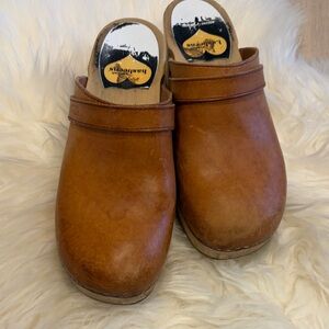 Swedish Hasbeens Brown Leather Clogs